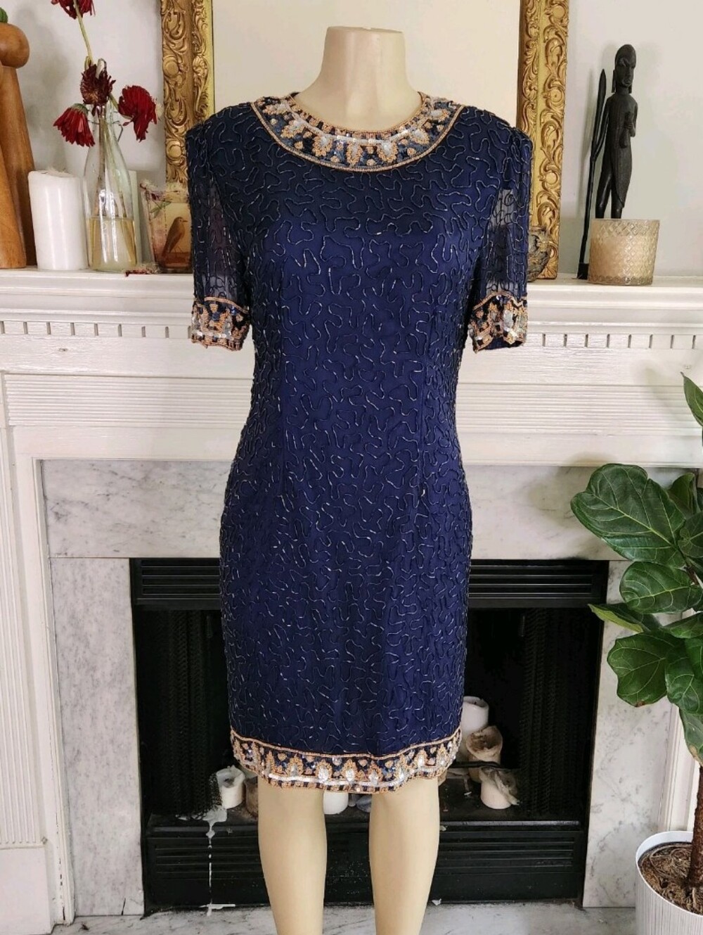 Vintage 80S Laurence Kazar Blue Beaded Silk Dress Sz M Sequin Sheer Art Deco - Picture 2 of 9